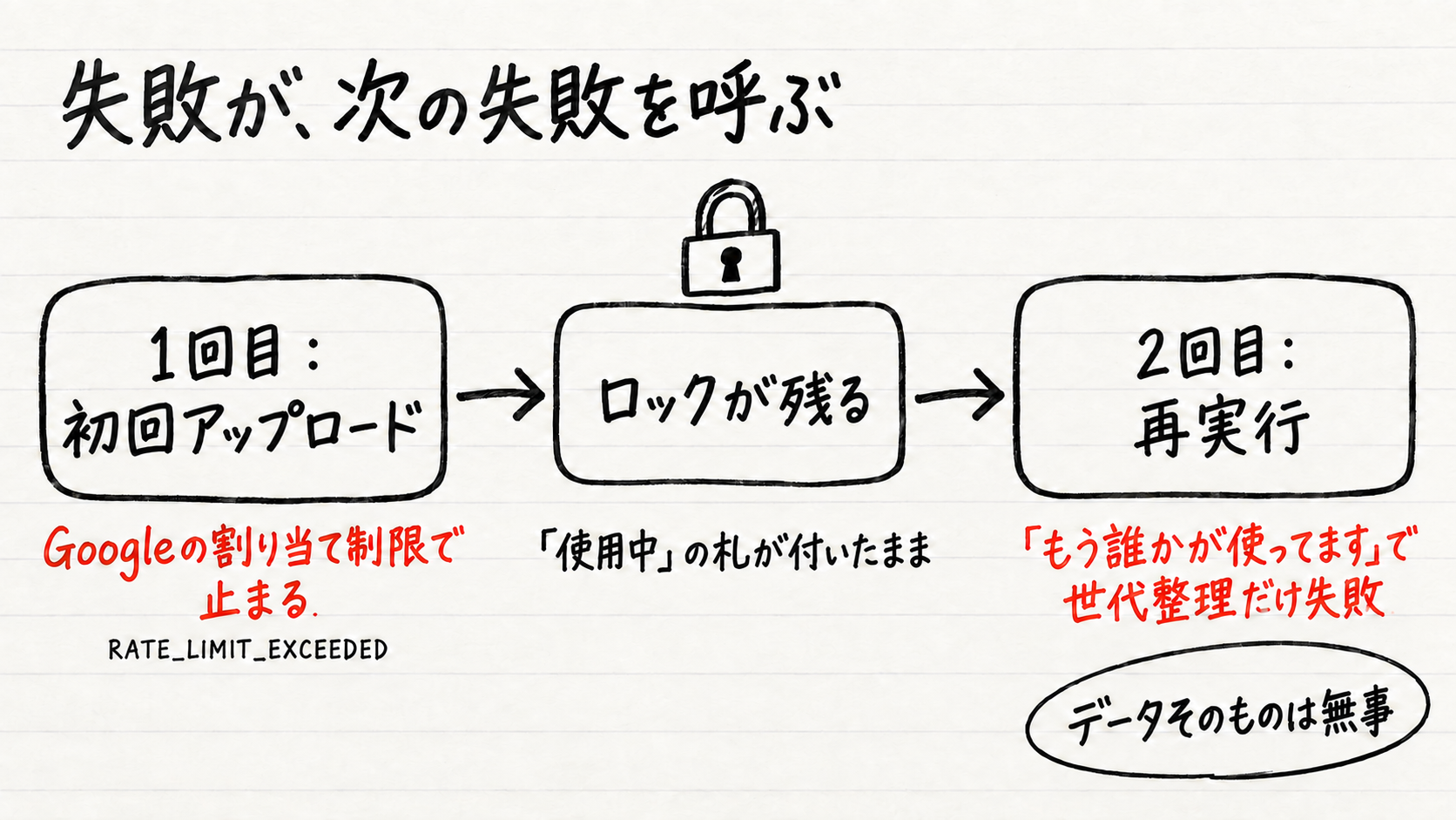 1回目のアップロードが割り当て制限で止まり、ロックが残って、2回目の再実行で世代整理だけ失敗した流れ